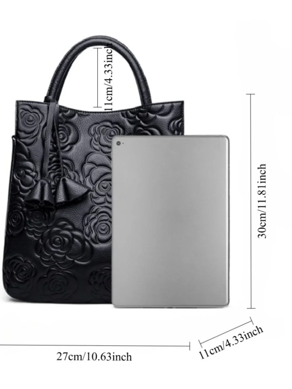Black Floral Embossed Leather Top Handle Tote Bag